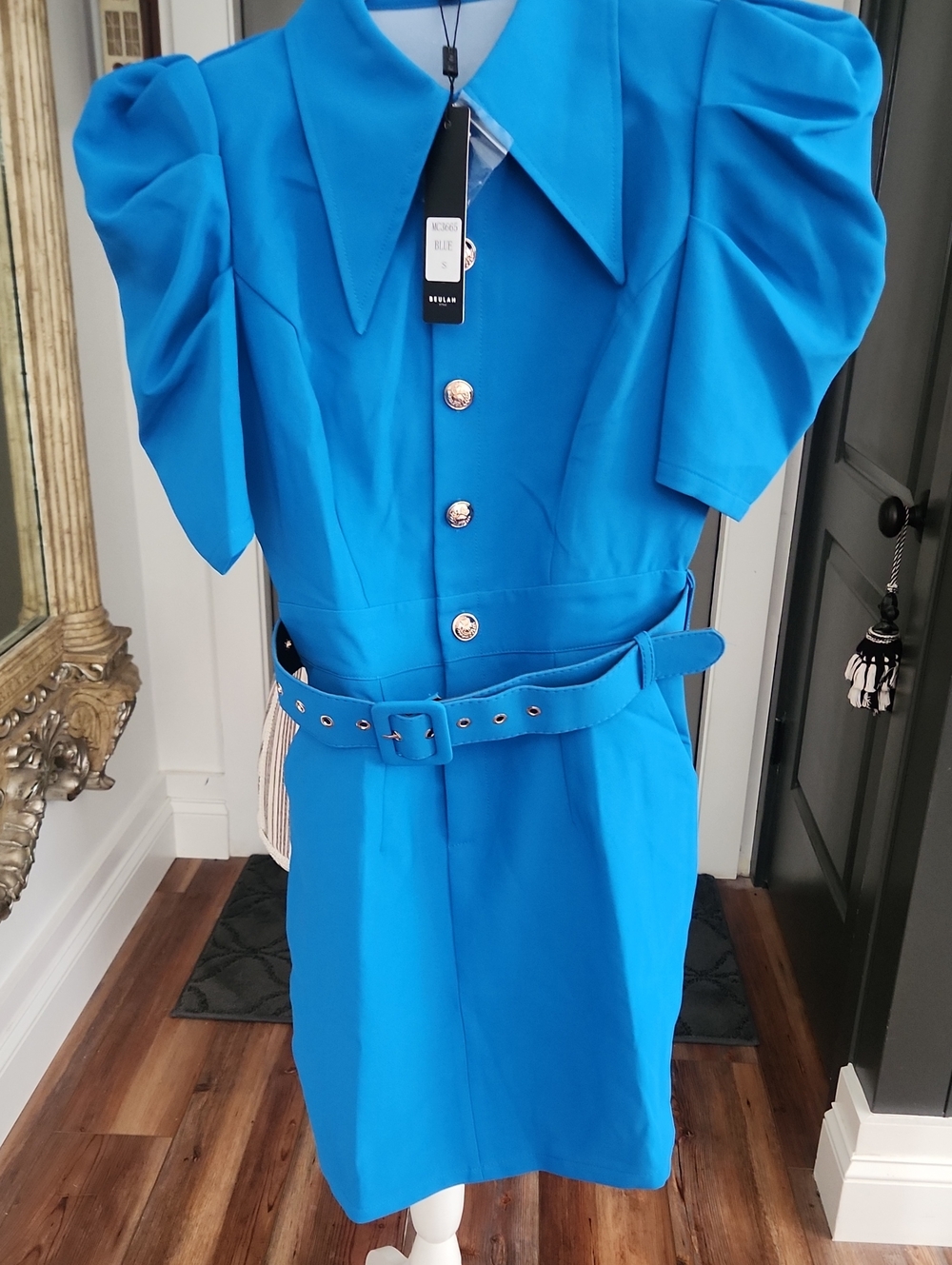 Beulah Bold Blue Puff-Sleeve Belted Dress Coat - 1980s Inspired